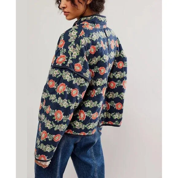 Women’s Navy Cropped Puffer Jacket Floral Printed Quilted Lightweight Coat - Picture 3 of 6